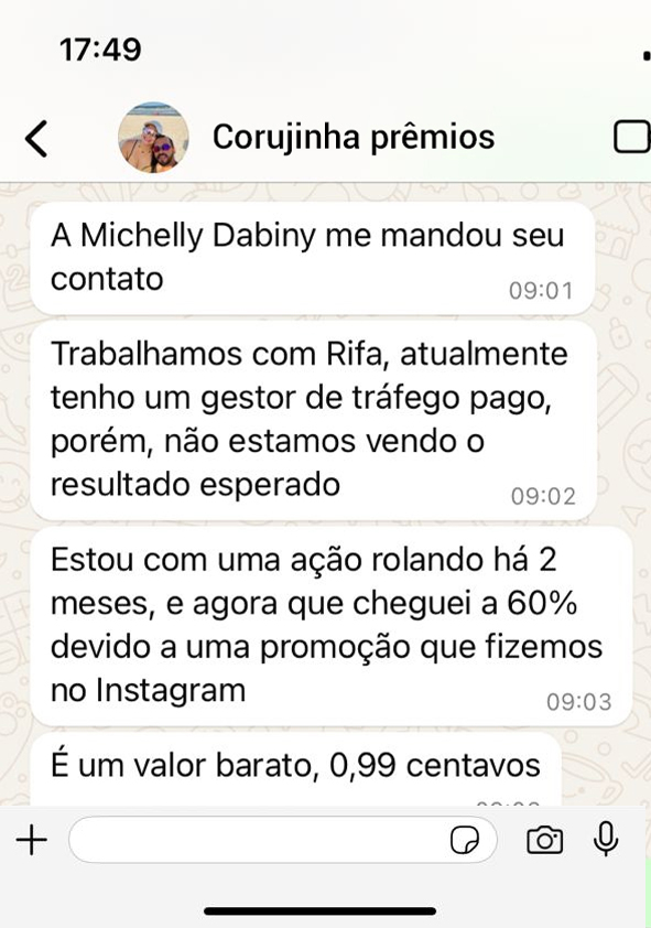 Print de conversa com Corujinha Prêmios